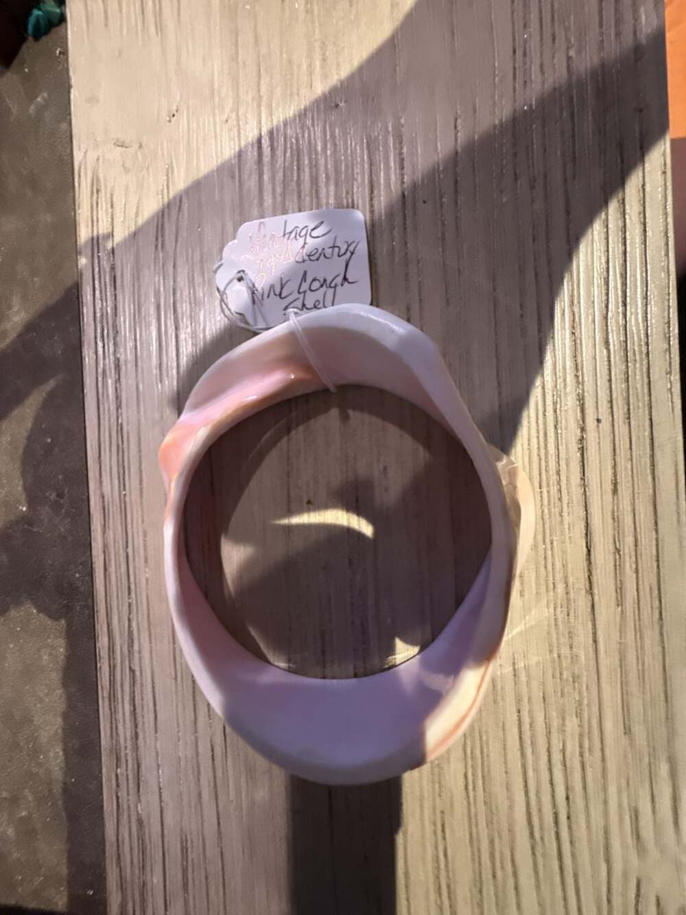 Vintage Pink White Conch Shell Slice Unique Asymmetric Bangle Bracelet OOAK - ,